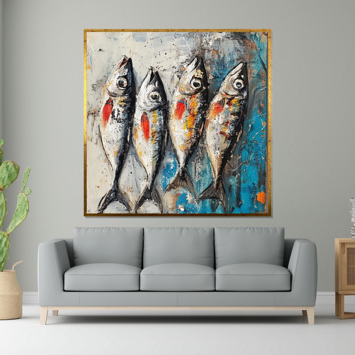 Four Fish Abstract School Blue Red Modern Coastal Art Poster