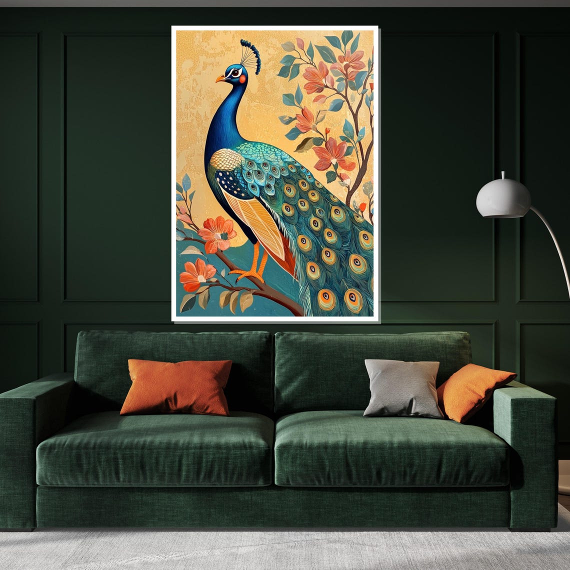 Peacock Golden Background Orange Blossoms Elegant Bird Art Poster - Image 3