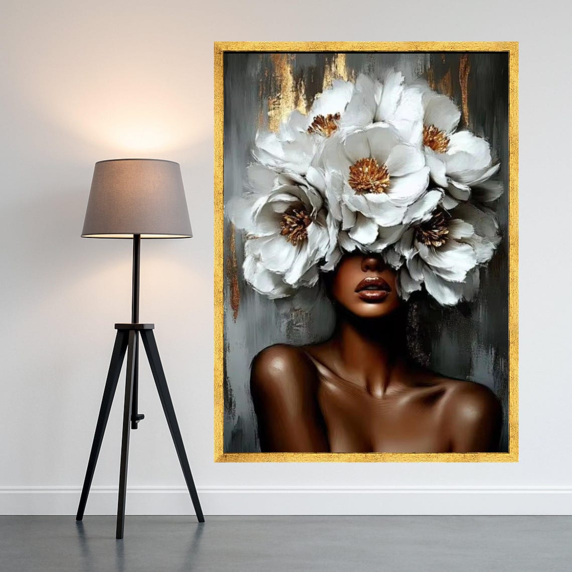 African Woman White Flower Crown Modern Oil Portrait Wall Art