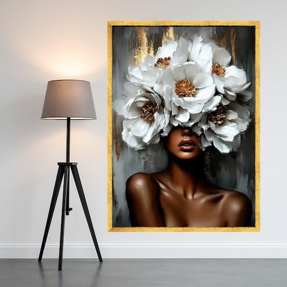African Woman White Flower Crown Modern Oil Portrait Wall Art