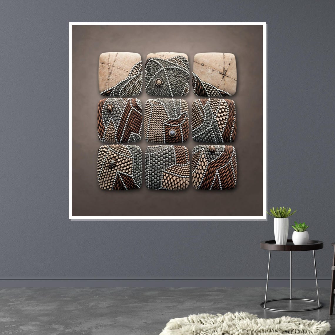 Stone Mosaic Panels 3x3 Earth Tone Textured Tribal Pattern Wall Art - Image 3