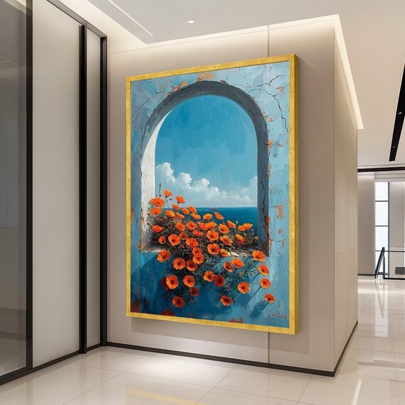 Mediterranean Archway Ocean View Poppies Coastal Painting Poster