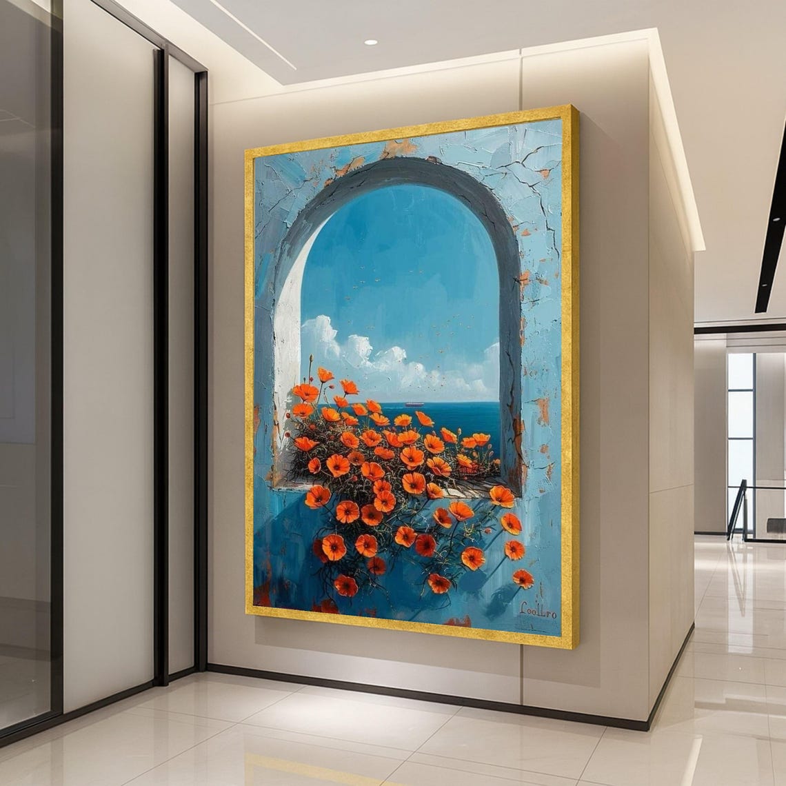 Mediterranean Archway Ocean View Poppies Coastal Painting Poster