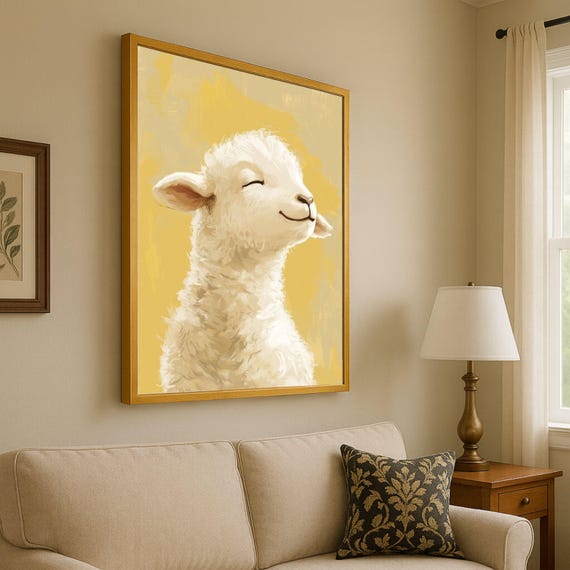 Smiling Lamb Canvas Wall Art Farm Animal Portrait Nursery Room Decoration Cute Baby Sheep Rustic Country Home Ready To Hang