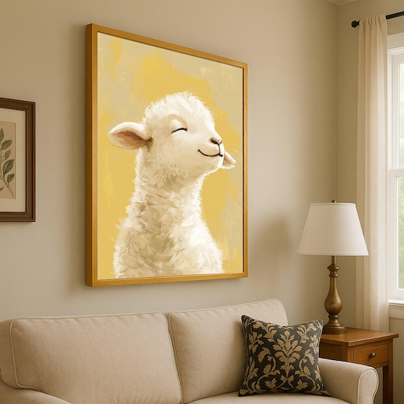 Smiling Lamb Portrait Cute Farm Animal Nursery Canvas Poster