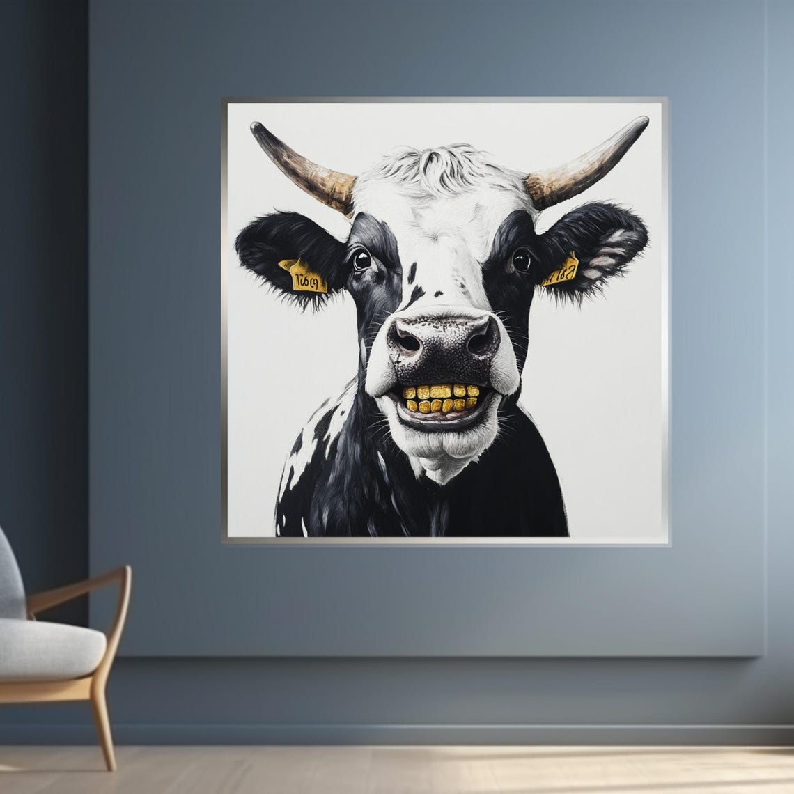 Grinning Black And White Cow With Gold Teeth Funny Farm Art Poster - Image 4