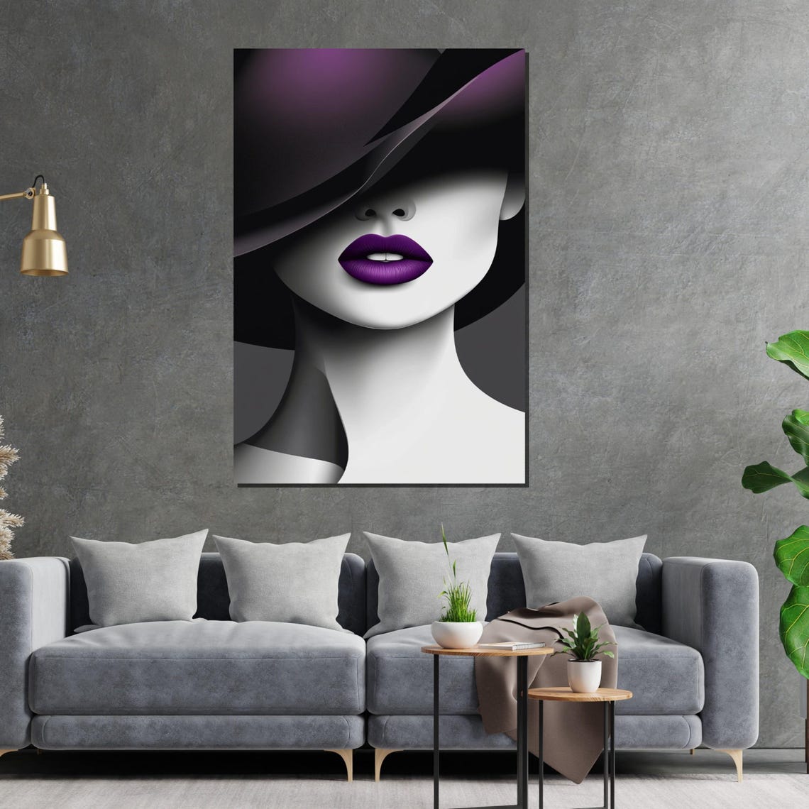 Monochrome Lady With Purple Hat And Bold Purple Lips Chic Style Poster