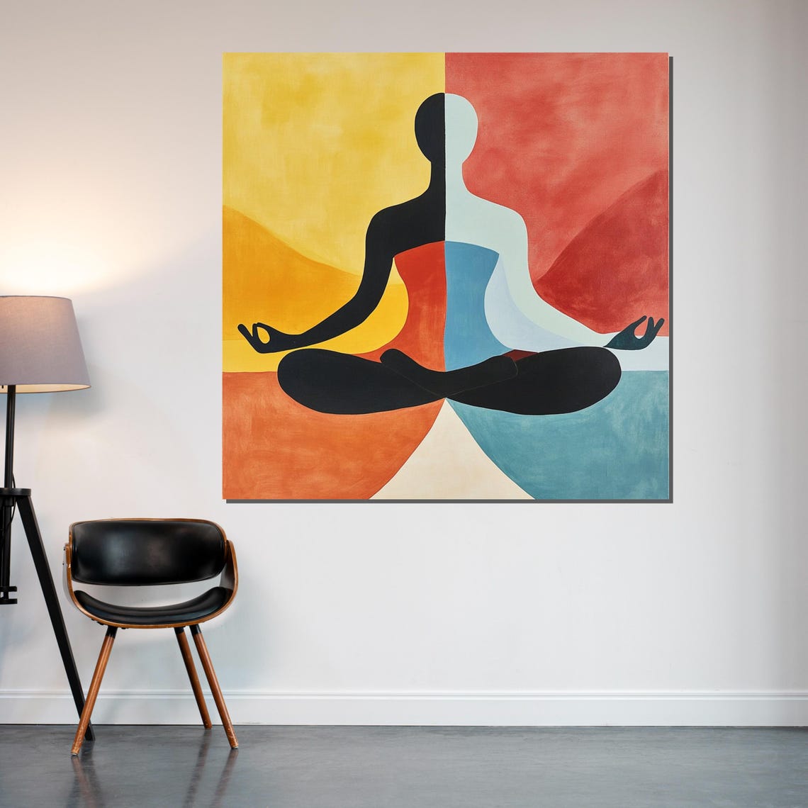Split Black White Meditating Figure Colorful Abstract Art Poster - Image 2