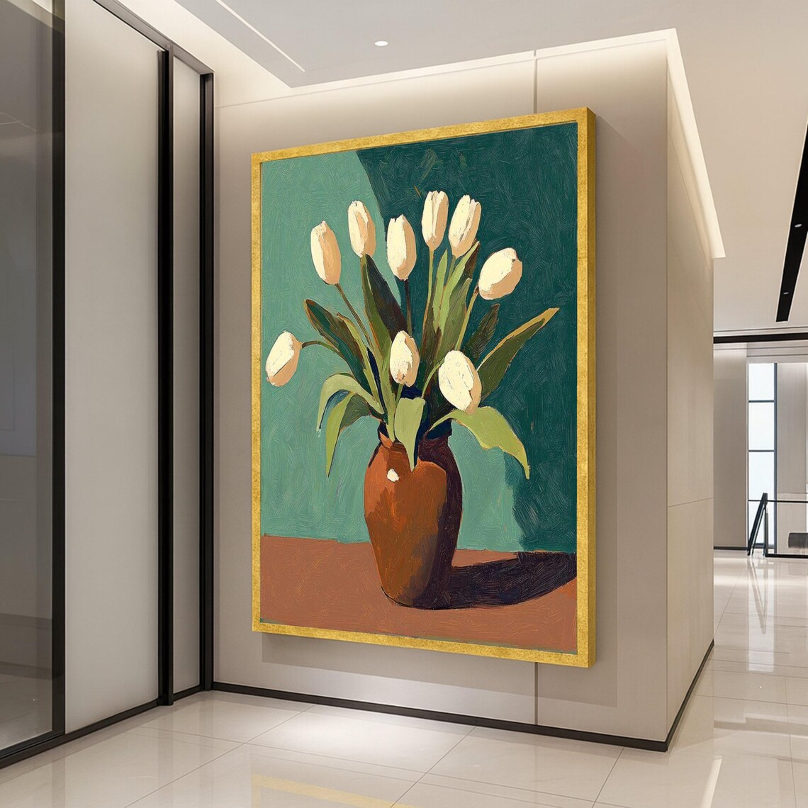 White Tulip Bouquet In Rustic Vase Floral Canvas Style Still Life Poster