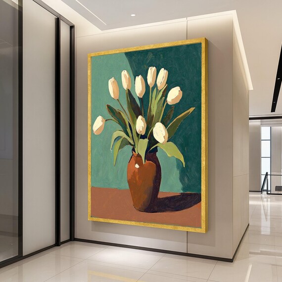 White Tulip Bouquet In Rustic Vase Floral Canvas Style Still Life Poster