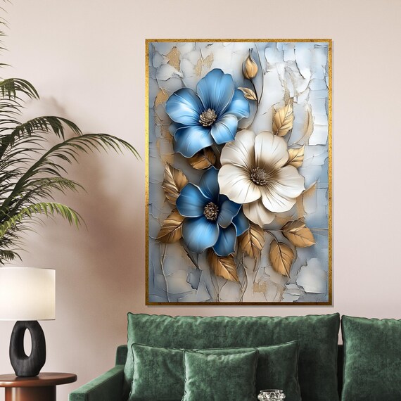 Blue And White Blooms With Gold Leaves Textured Floral Art Poster