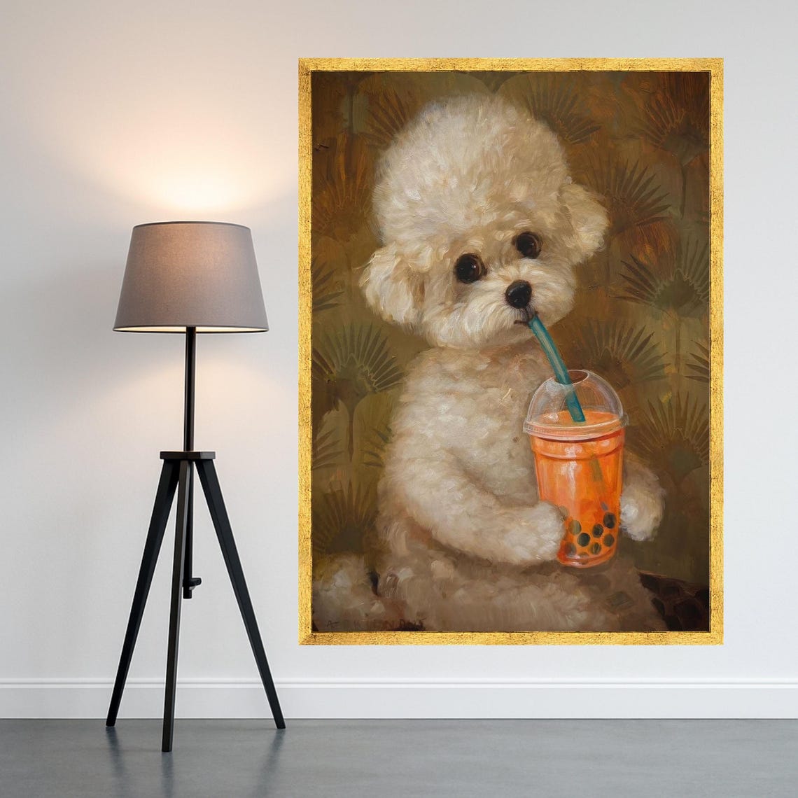 Fluffy Dog Drinking Bubble Tea Funny Puppy Oil Painting Wall Art