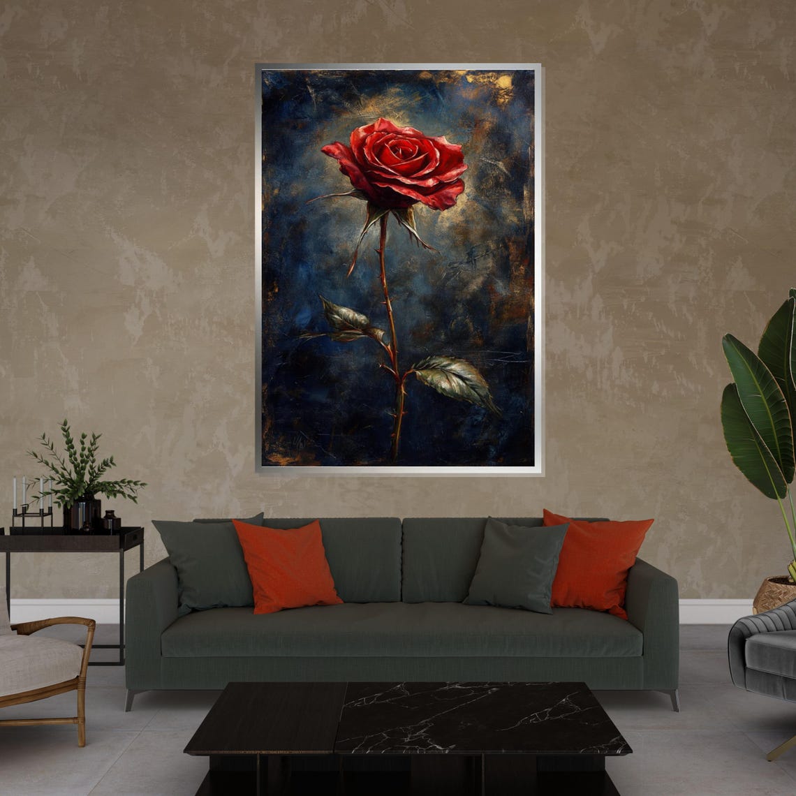 Single Red Rose Dark Moody Oil Painting Botanical Vivid Wall Art - Image 4