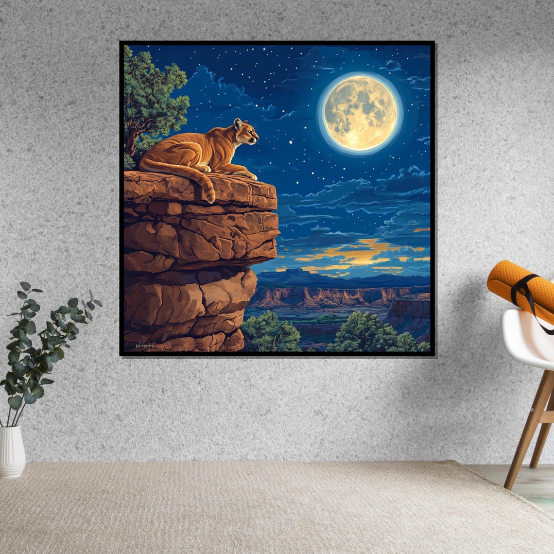 Mountain Lion On Cliff Edge Under Full Moon Night Wildlife Art Poster - Image 5