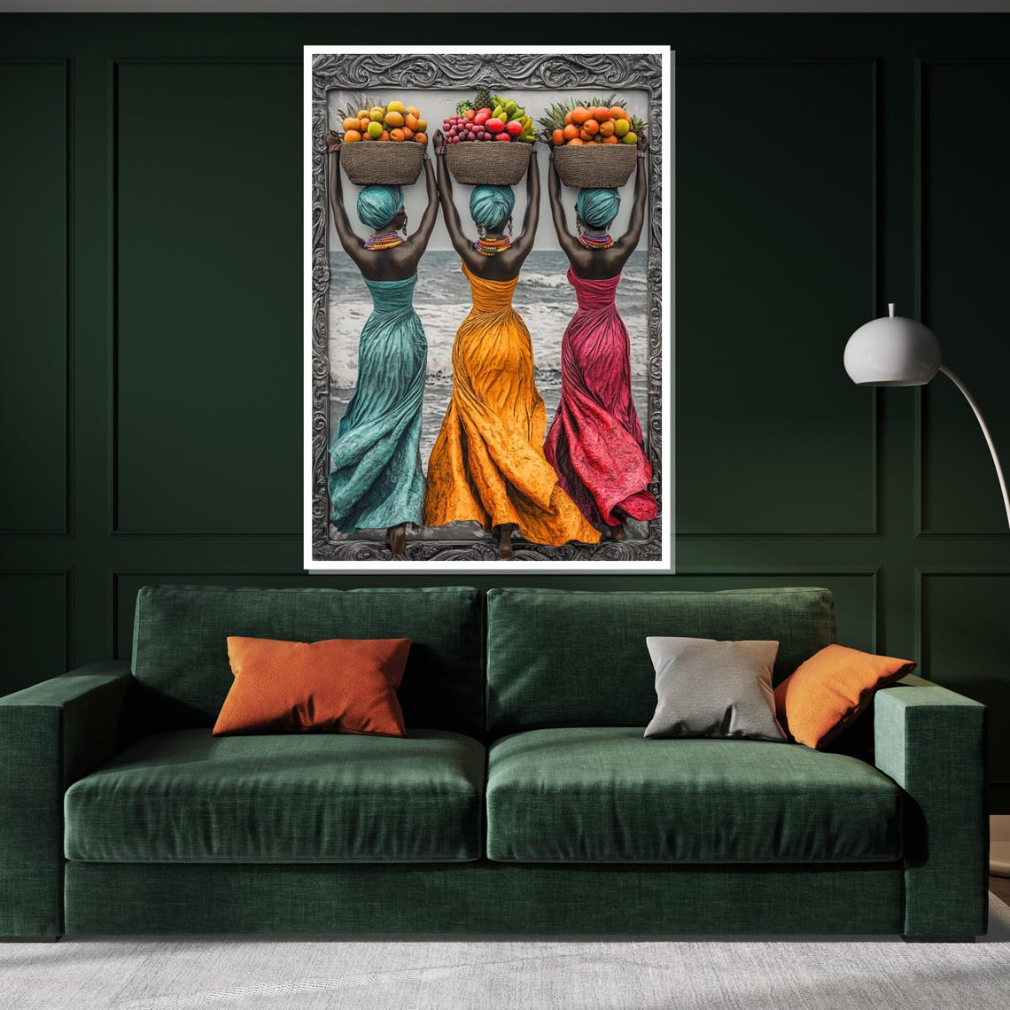 Three Women Fruit Baskets Colorful African Beach Scene Art Poster - Image 3