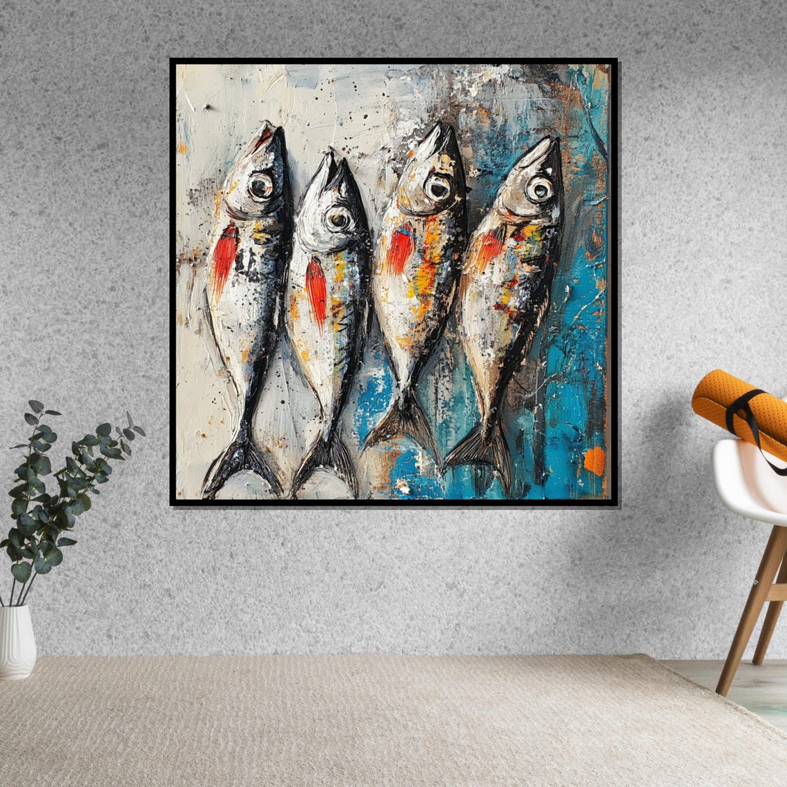 Four Fish Abstract School Blue Red Modern Coastal Art Poster - Image 5