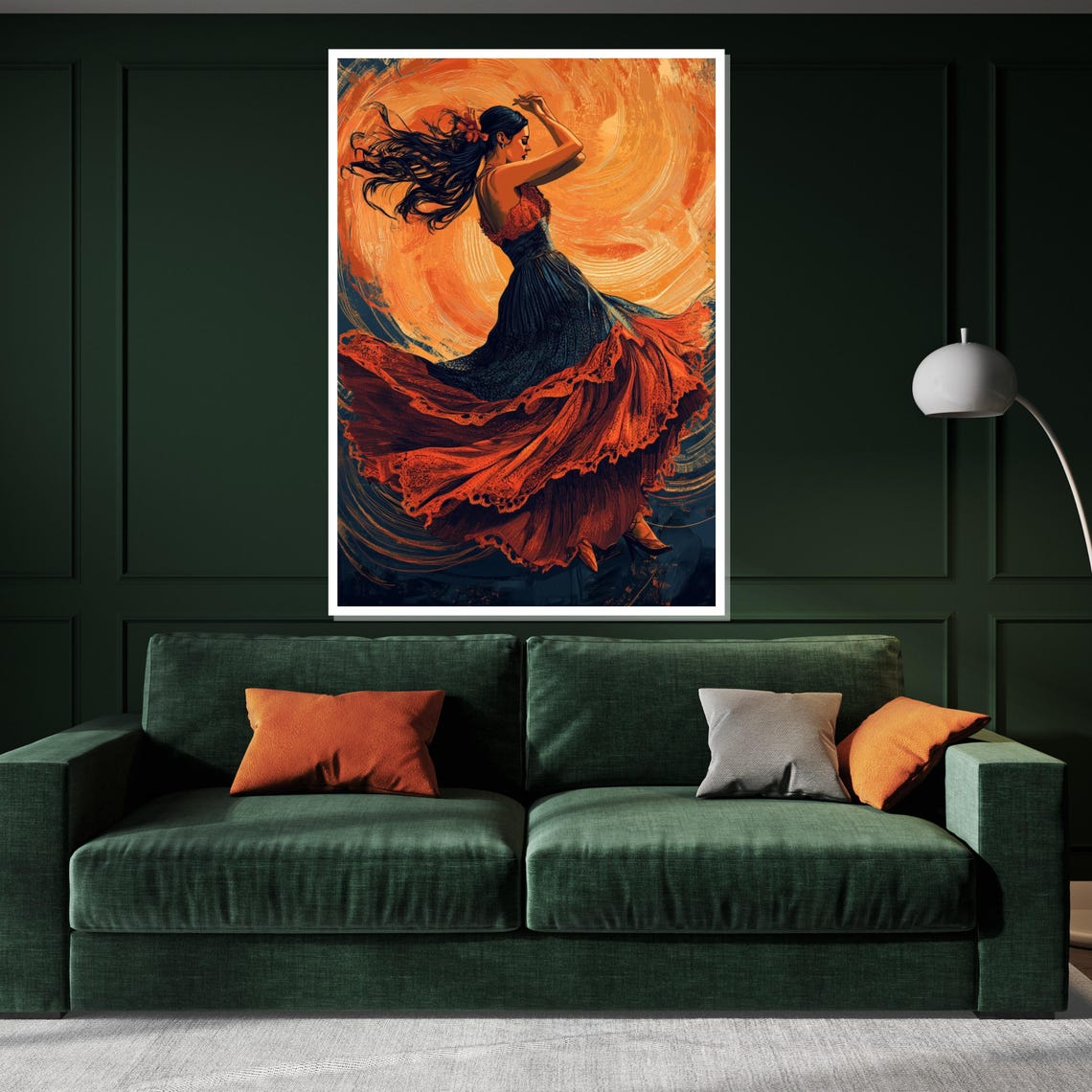 Flamenco Dancer in Black and Red Dress Fiery Orange Art Poster - Image 3