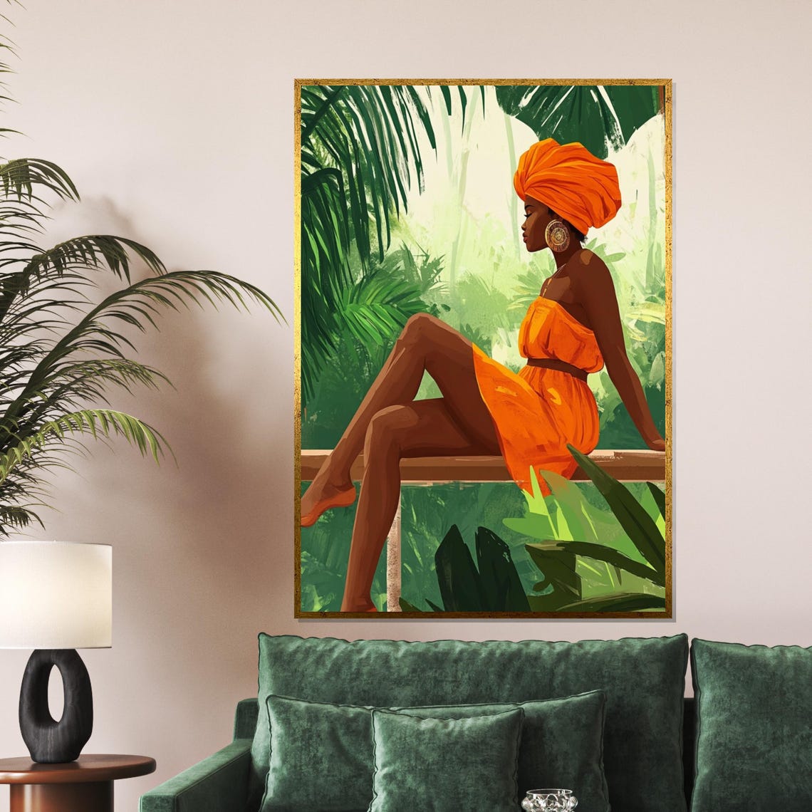 African Woman Orange Dress Headwrap Tropical Jungle Beauty Wall Art