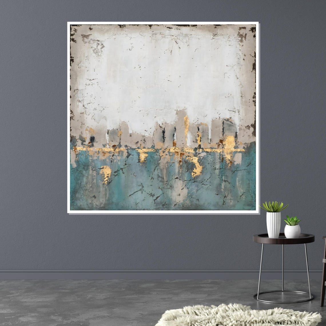 Misty Cityscape Teal And Gold Abstract Skyline Reflection Print - Image 3