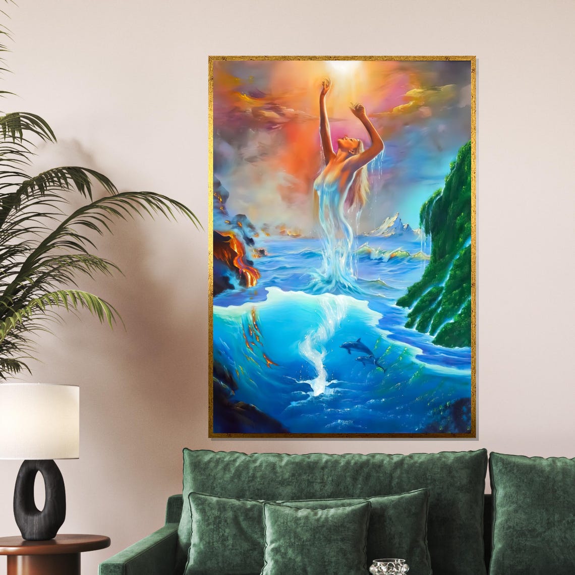 Water Goddess Rising From Ocean Waves Dolphins Fantasy Art Poster