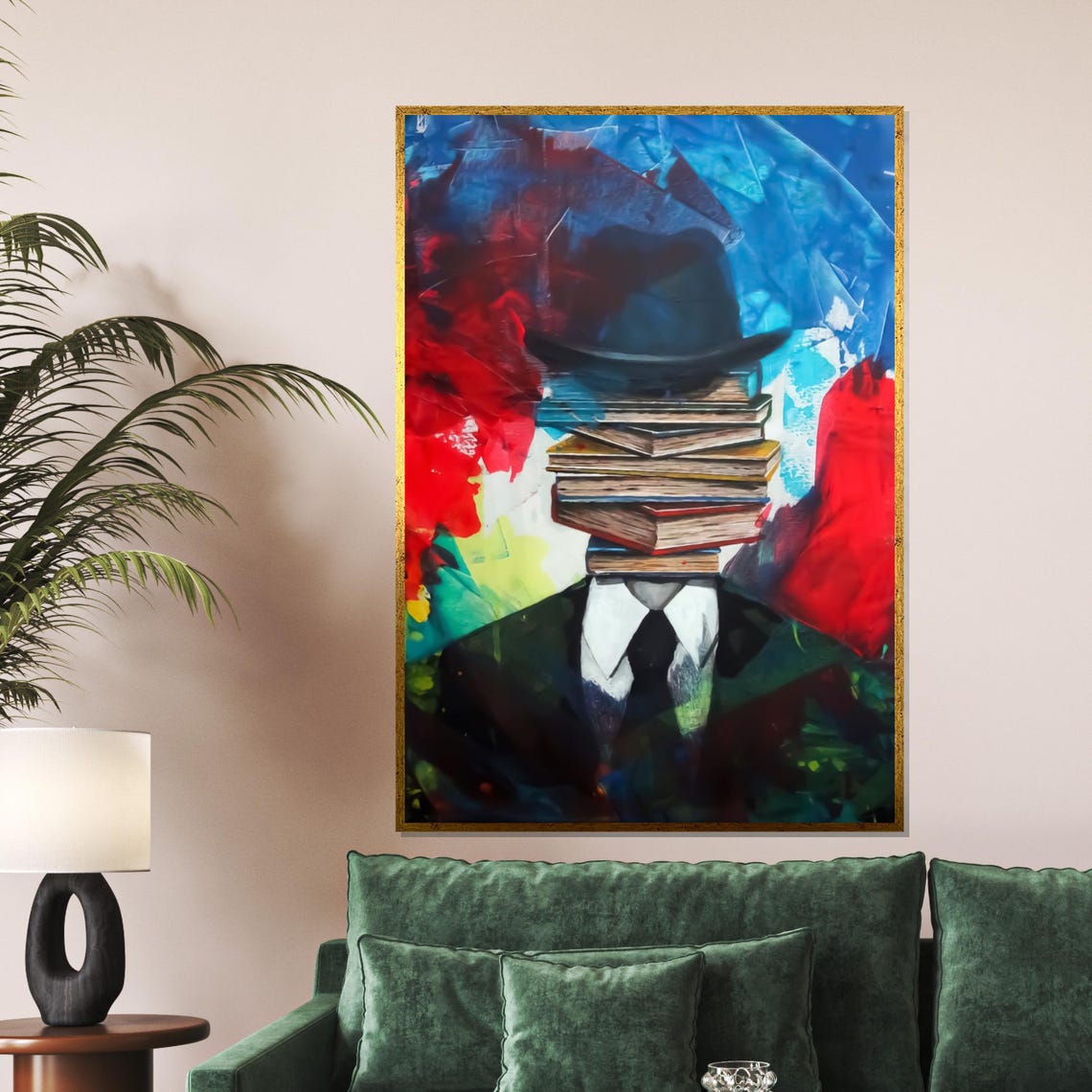 Book Head Man In Suit With Fedora Surreal Abstract Reader Poster