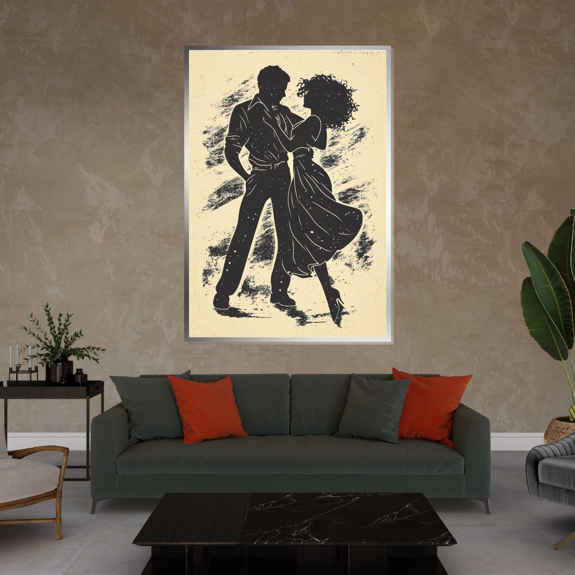 Dancing Couple Silhouette in Black on Cream Vintage Art Poster - Image 4