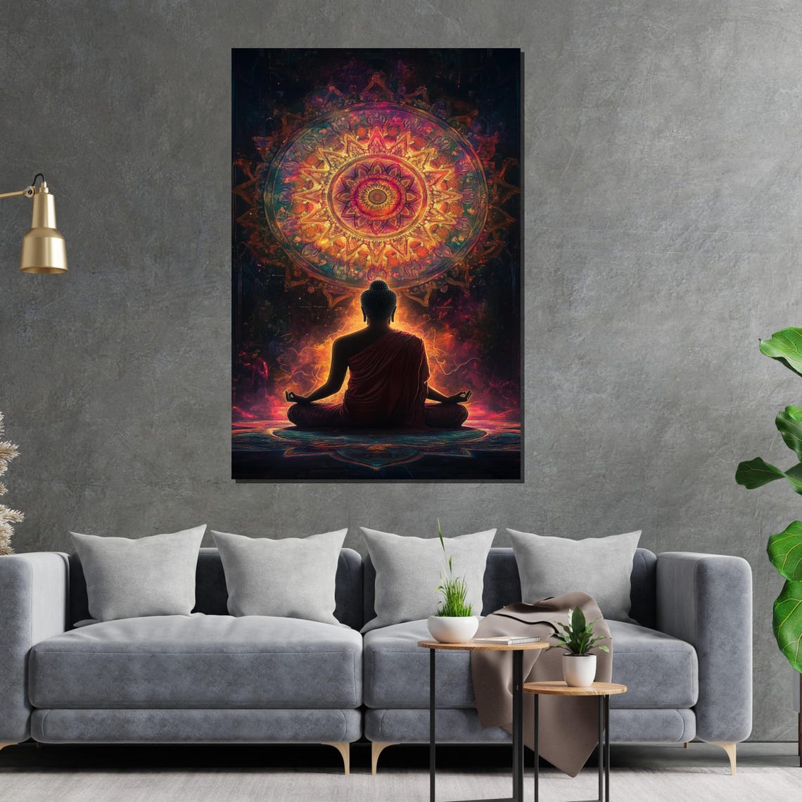 Buddha Silhouette Before Glowing Mandala Cosmic Spiritual Art Poster - Image 2