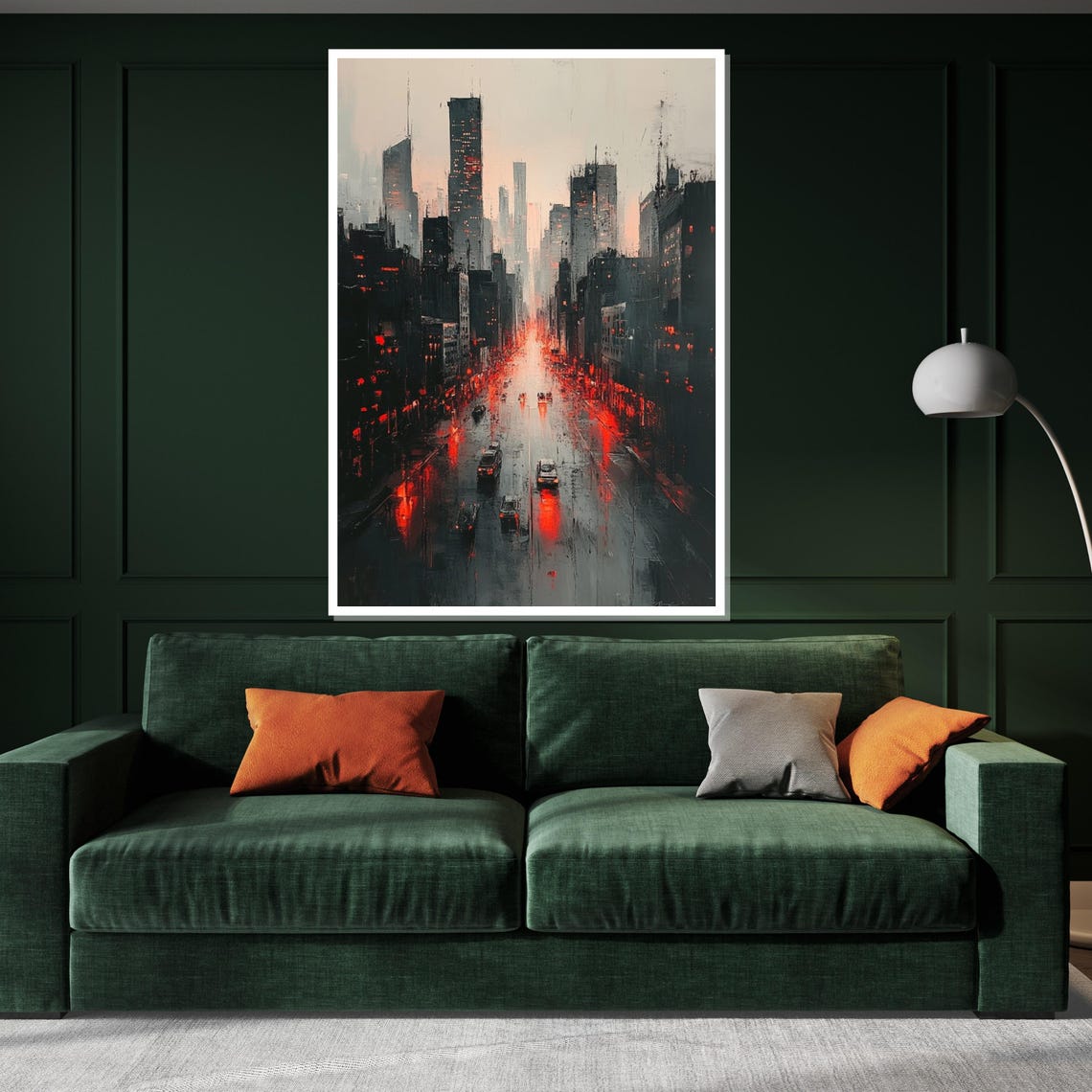 Moody Rainy City Street at Night With Red Lights Cityscape Poster - Image 3