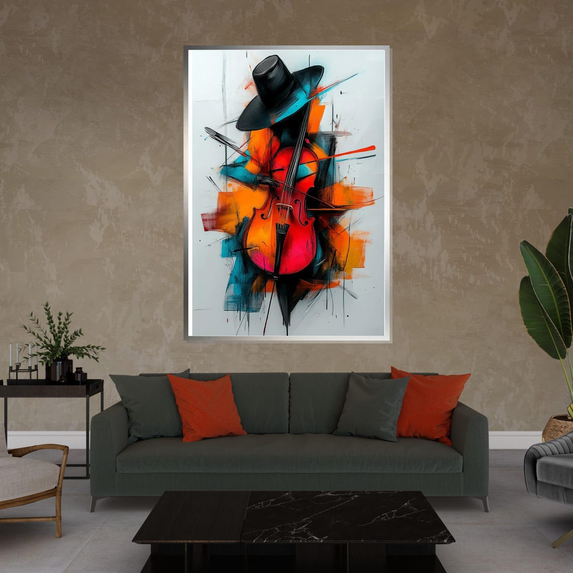 Abstract Violinist in Top Hat Bold Red Violin Street Art Poster - Image 4