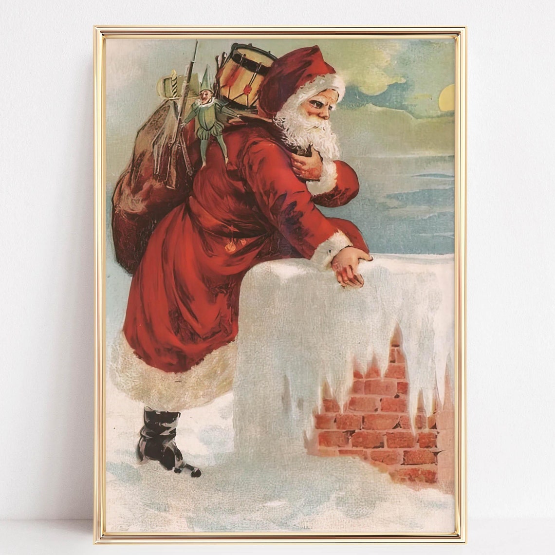 Vintage Santa Climbing Snowy Chimney Victorian Christmas Poster