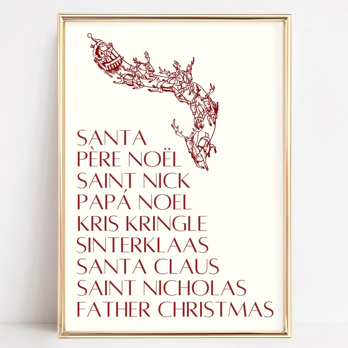 Santa Claus Names Around the World Vintage Sleigh Christmas Poster