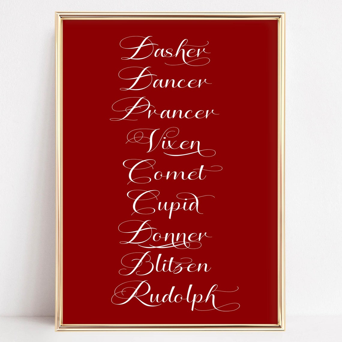 Classic Santa Reindeer Names Red Christmas Typography Script Poster
