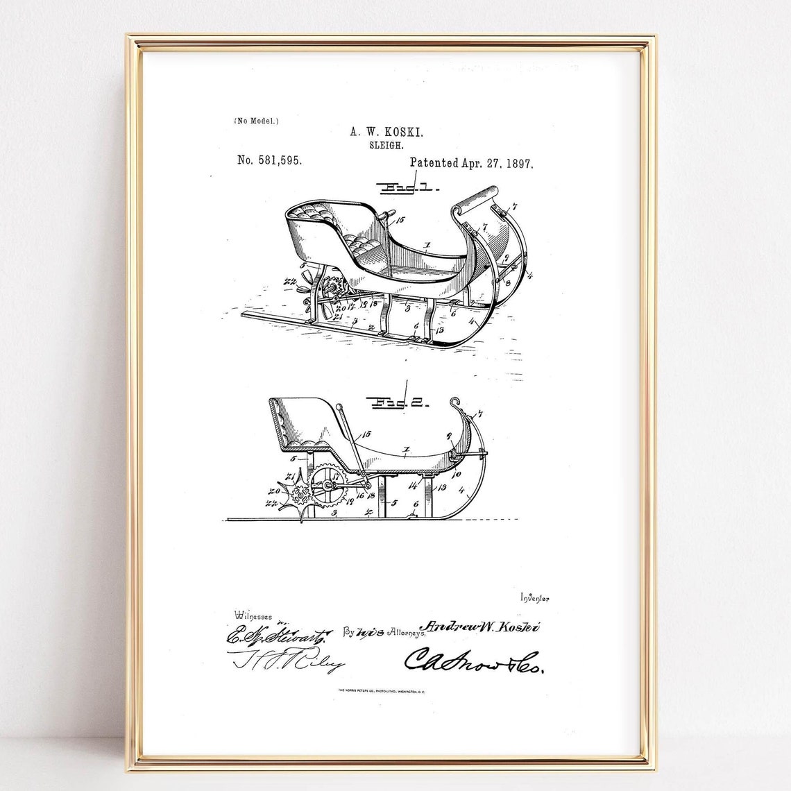 A W Koski Sleigh Patent 1897 Vintage Technical Drawing Poster