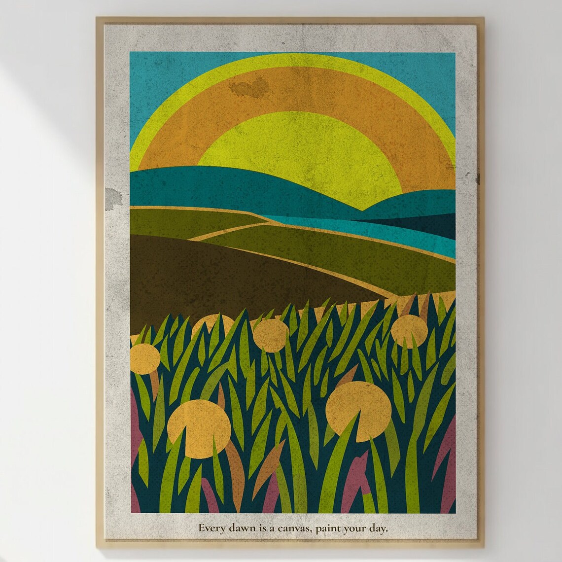 Retro Sunrise Over Green Meadow Vintage Geometric Landscape Art Poster - Image 3