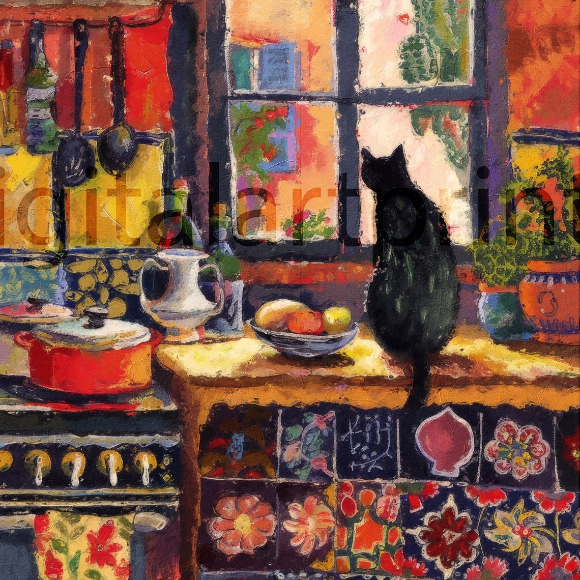 Colorful Kitchen with Black Cat Matisse Inspired Vibrant Art Print - Image 3