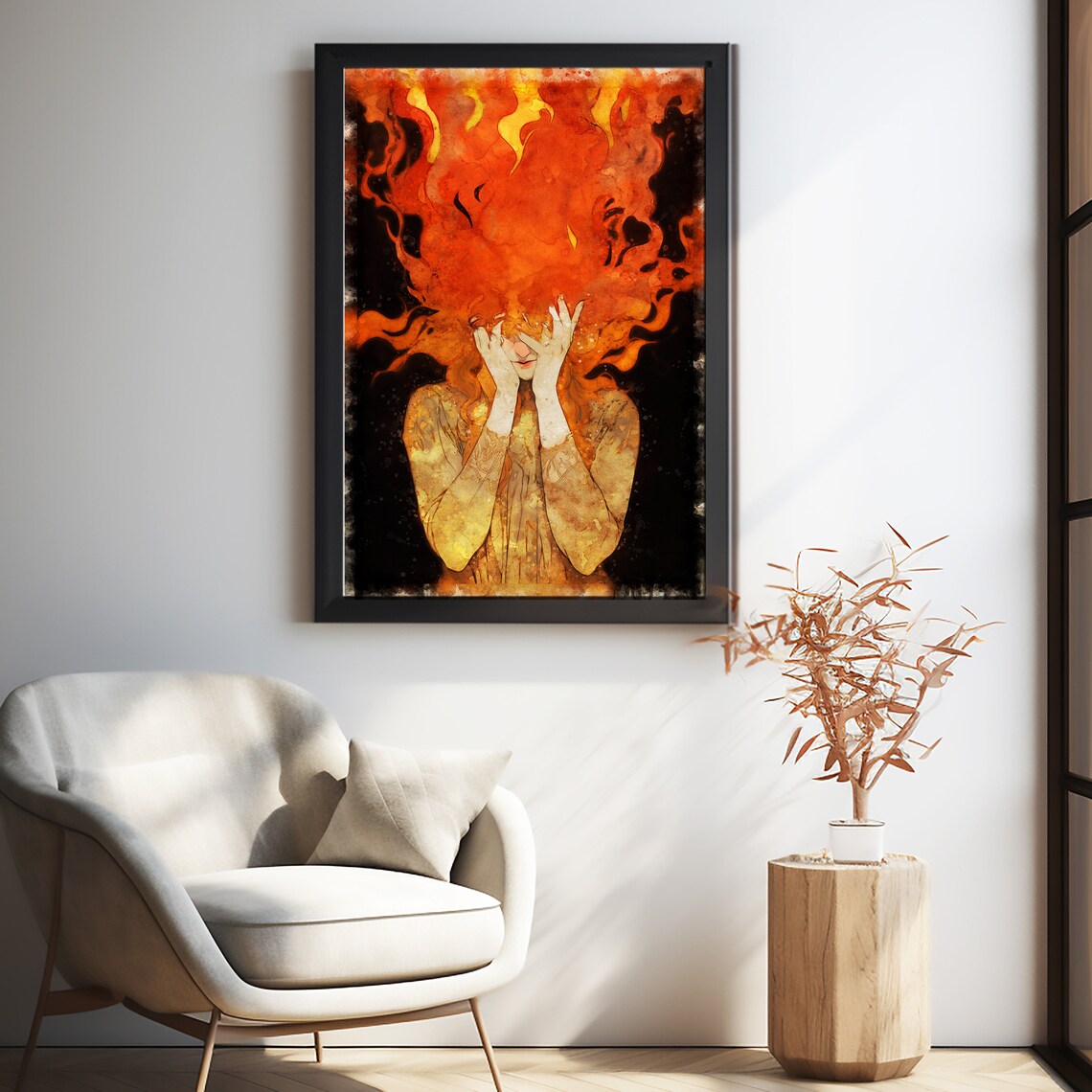 Woman in Flames Fiery Red Hair Surreal Dreamy Watercolor Art Print