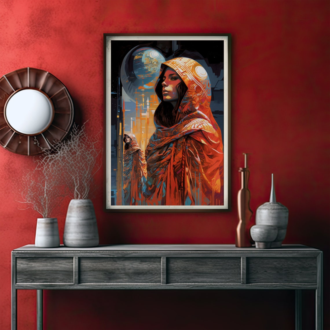 Dune Inspired Hooded Woman in Orange Robes Sci Fi Art Poster - Image 3