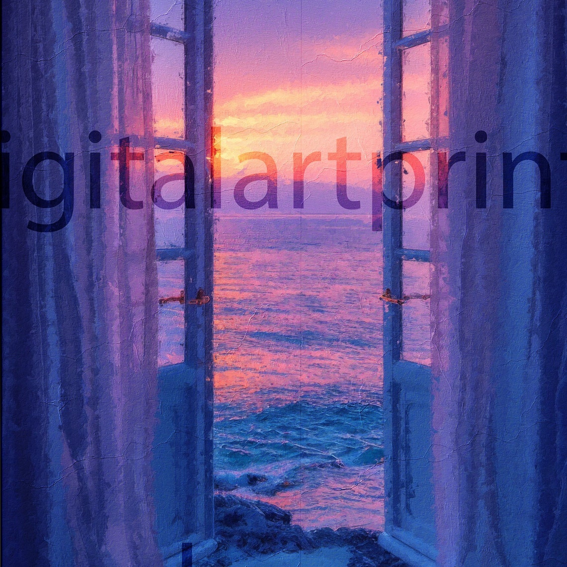 Ocean Sunset Through Open French Doors Coastal Serenity Wall Art - Image 3