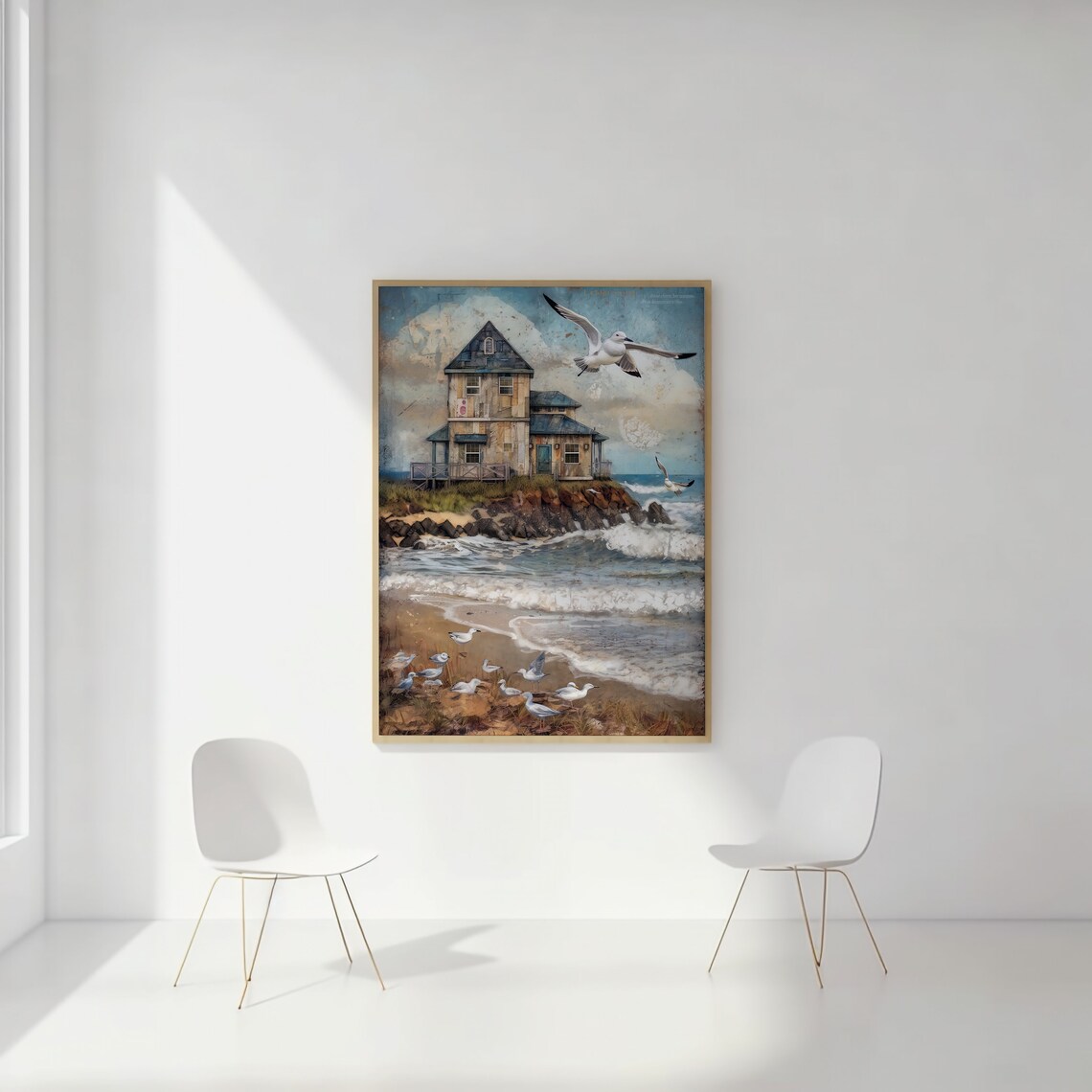 Seaside Cottage with Seagulls Coastal House Beach Waves Wall Art - Image 2