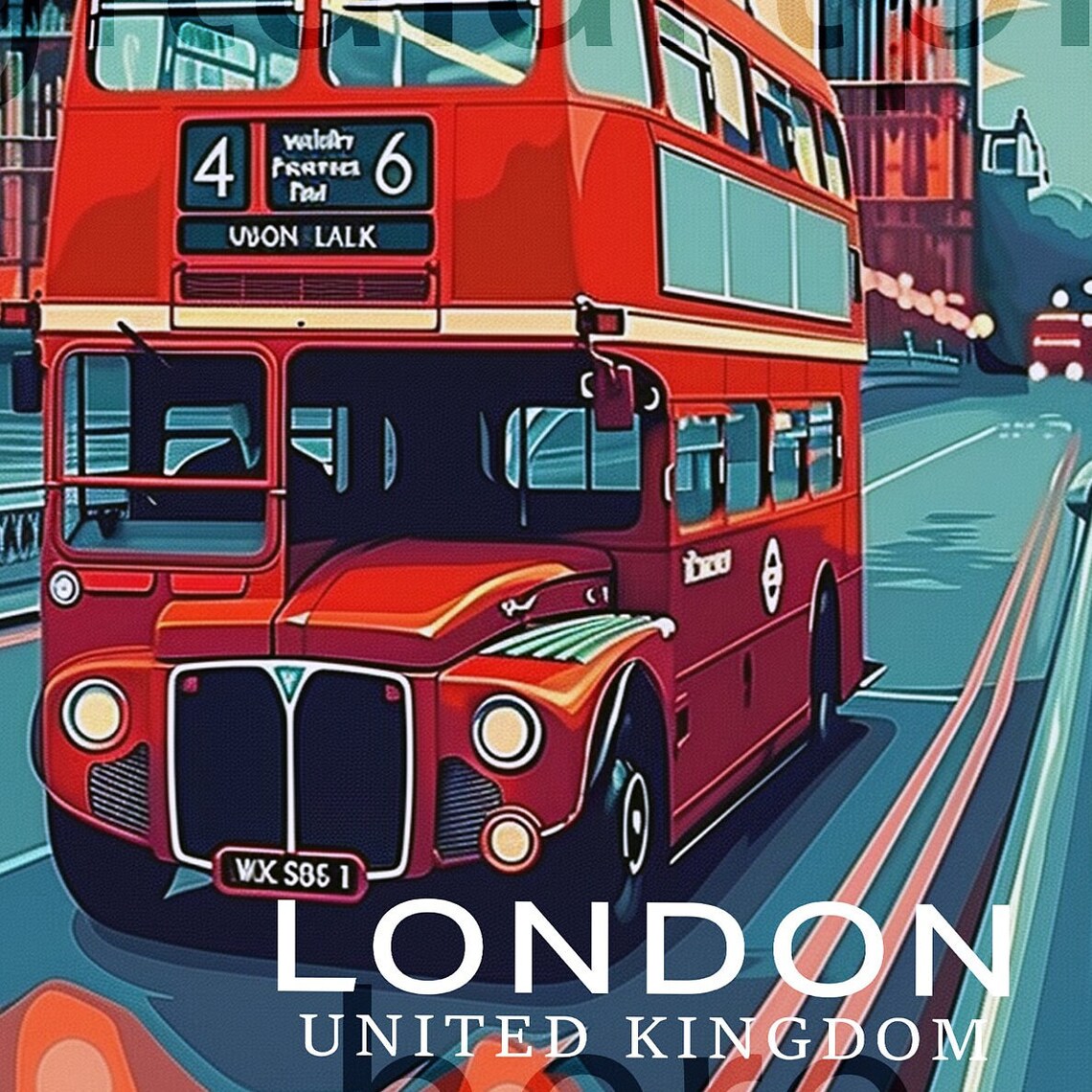 London Red Double Decker Bus and Big Ben Vintage Travel Poster - Image 3