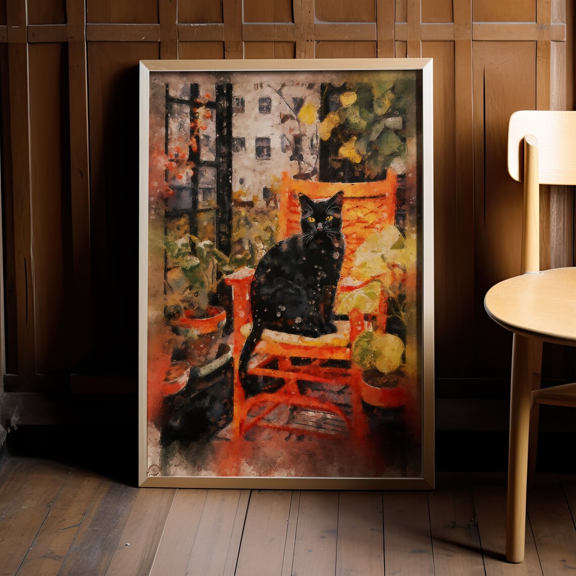 Impressionist Black Cat Poster with Golden Eyes by a Sunlit Garden Window - Image 2