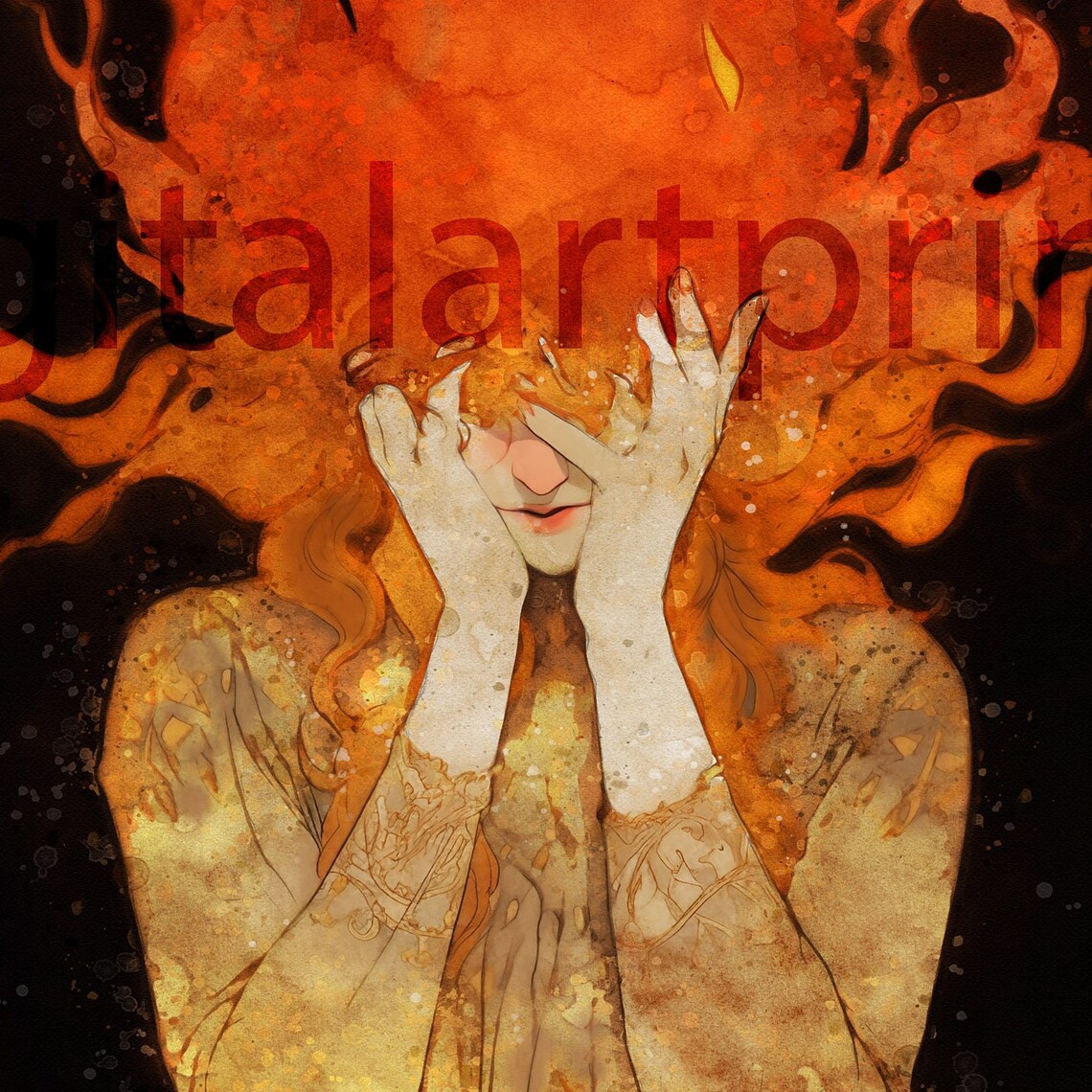 Woman in Flames Fiery Red Hair Surreal Dreamy Watercolor Art Print - Image 2