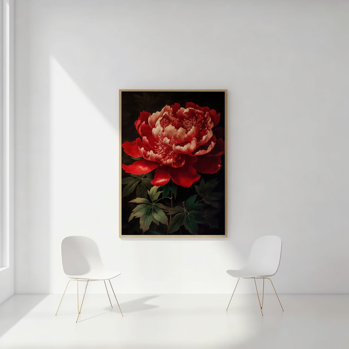 Dramatic Red Peony Blossom on a Dark Black Painterly Background Poster - Image 2