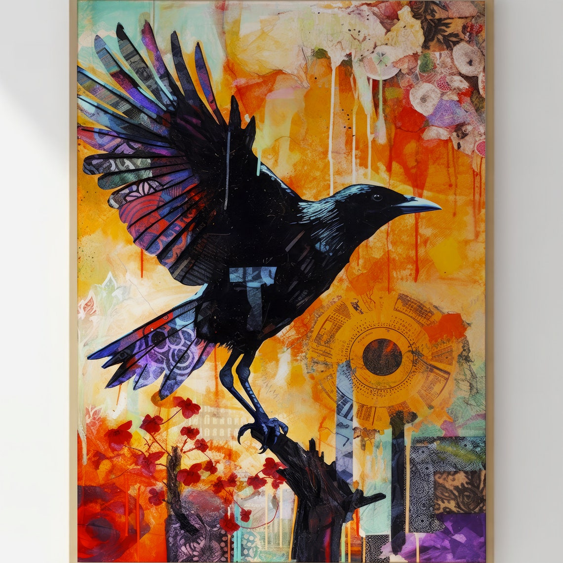 Raven in Flight Mixed Media Collage Corvid Orange Patterned Art Print - Image 3