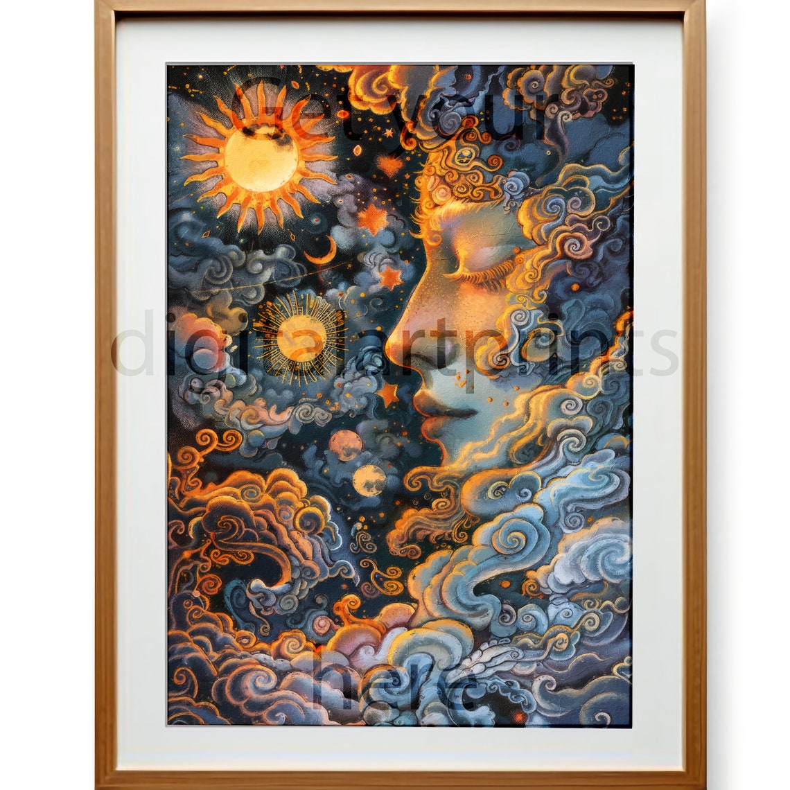 Celestial Sun and Moon Faces in a Mystical Dreamscape Sky Poster - Image 3