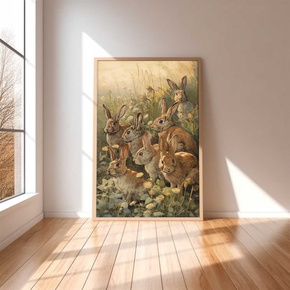 Seven Brown Bunnies in a Spring Meadow Watercolor Garden Scene Poster - Image 2