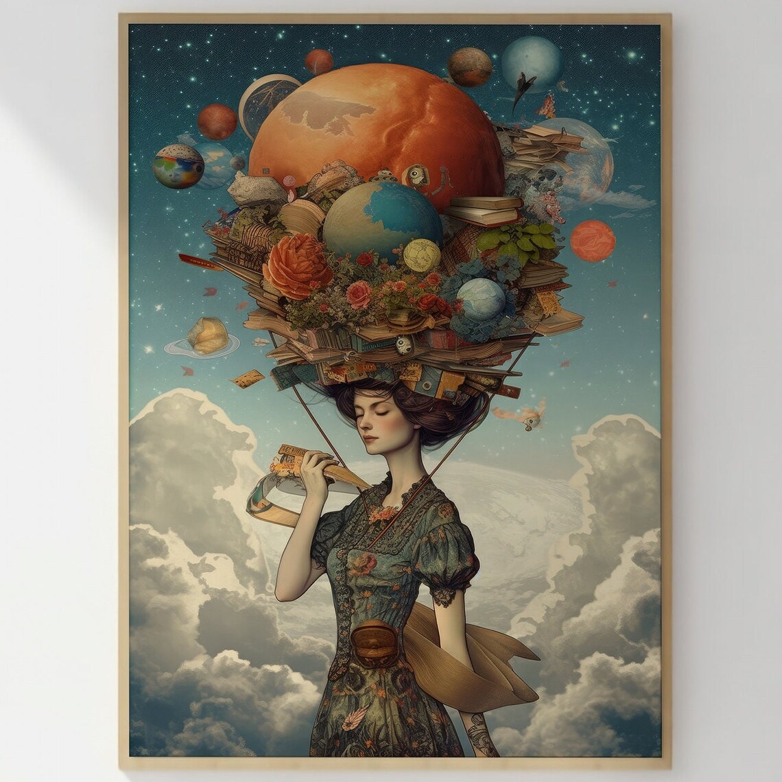 Dreamer Woman With Cosmic Planets Surreal Vintage Collage Art Print - Image 3
