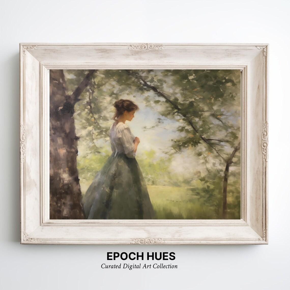 Elegant Lady In Green Skirt Pastoral Woodland Garden Painting Poster
