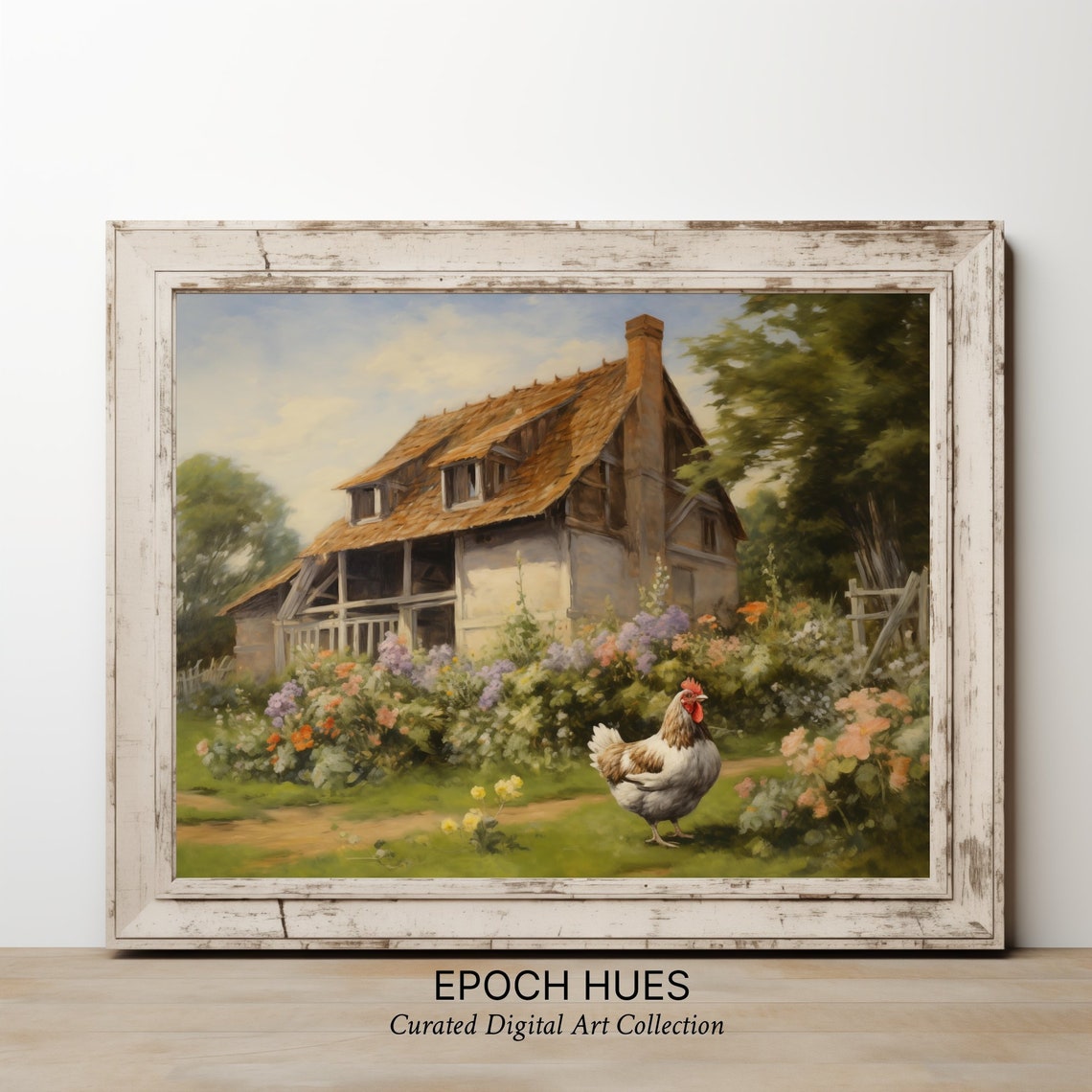 White Hen before Stone Cottage Flower Garden Farmhouse Poster