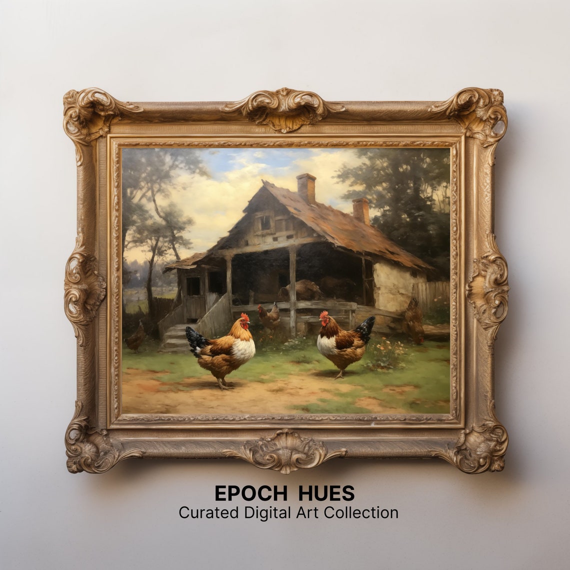 Two Roosters In A Farmyard Rustic Oil Style Country Art Poster - Image 3